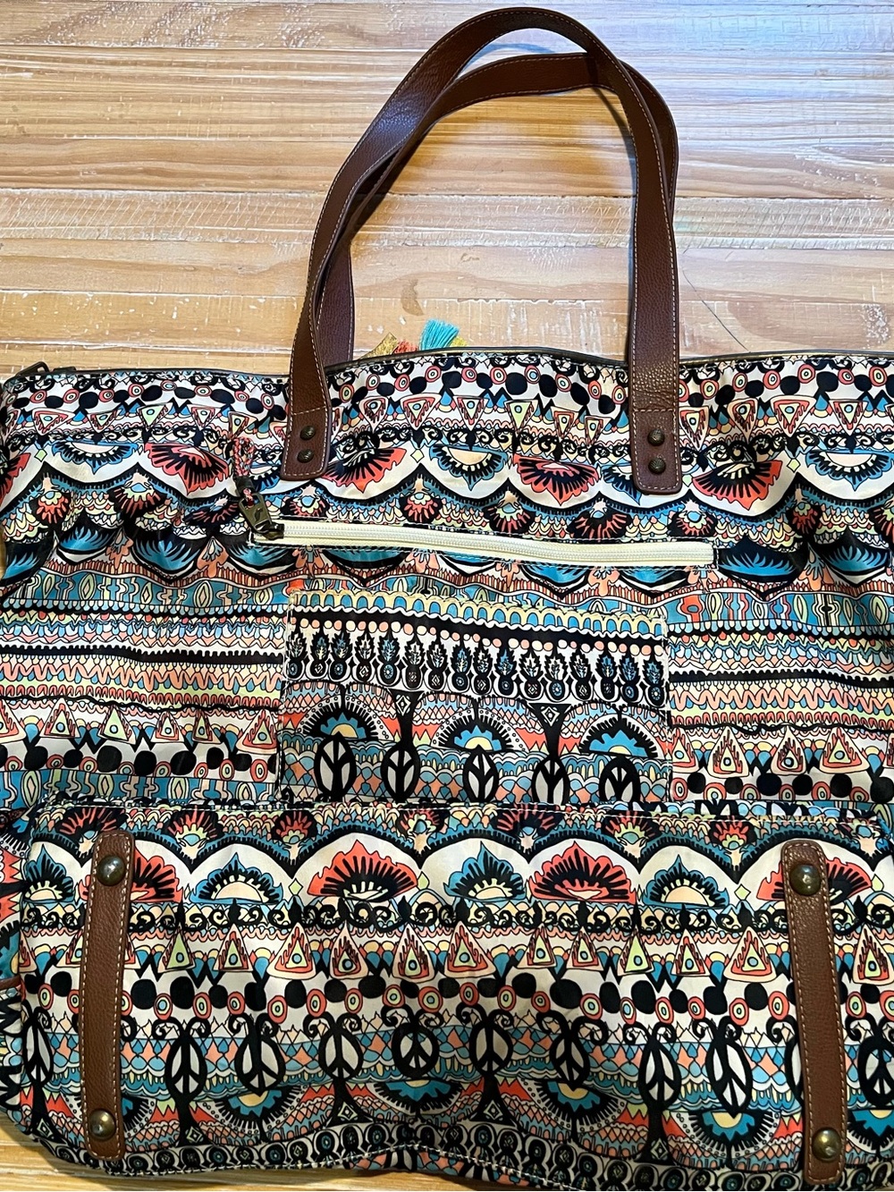 Sakroots Multi-Color Boho Pattern Tote with Brown Handles
